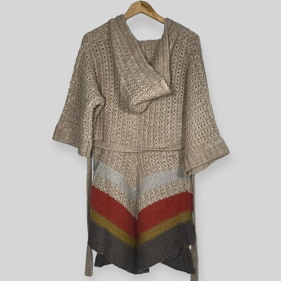 Vertigo Hooded Cardigan Womens Small Colorblock Tan Weekend Crochet Sweater Coat - Picture 5 of 13